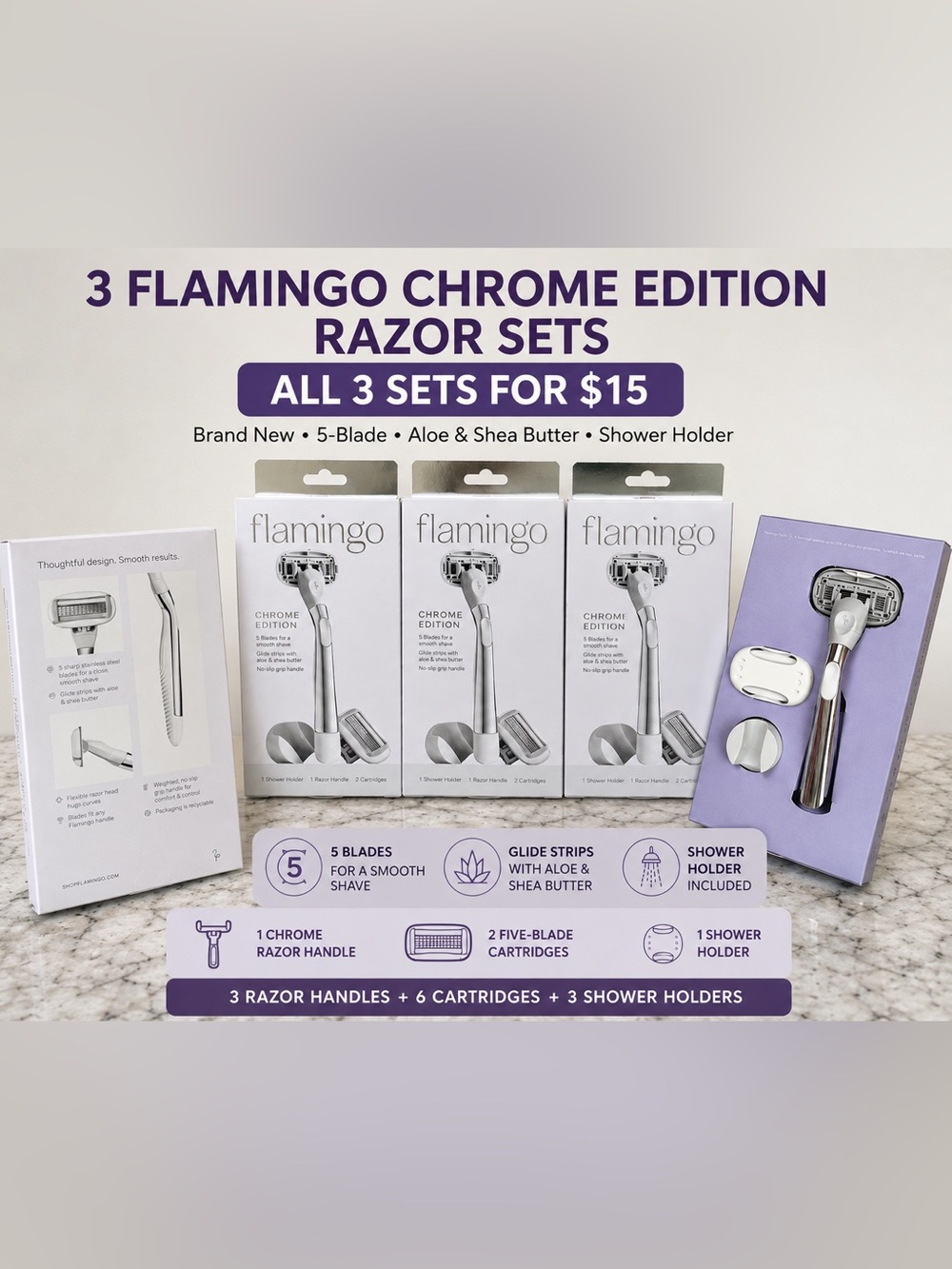 LOT OF 3 Flamingo Chrome Edition Razor Sets NEW 5-Blade NEW
